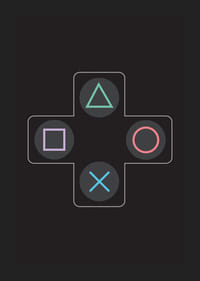 Ein Poster mit ikonischen Spieltasten in leuchtenden Farben vor schwarzem Hintergrund -1