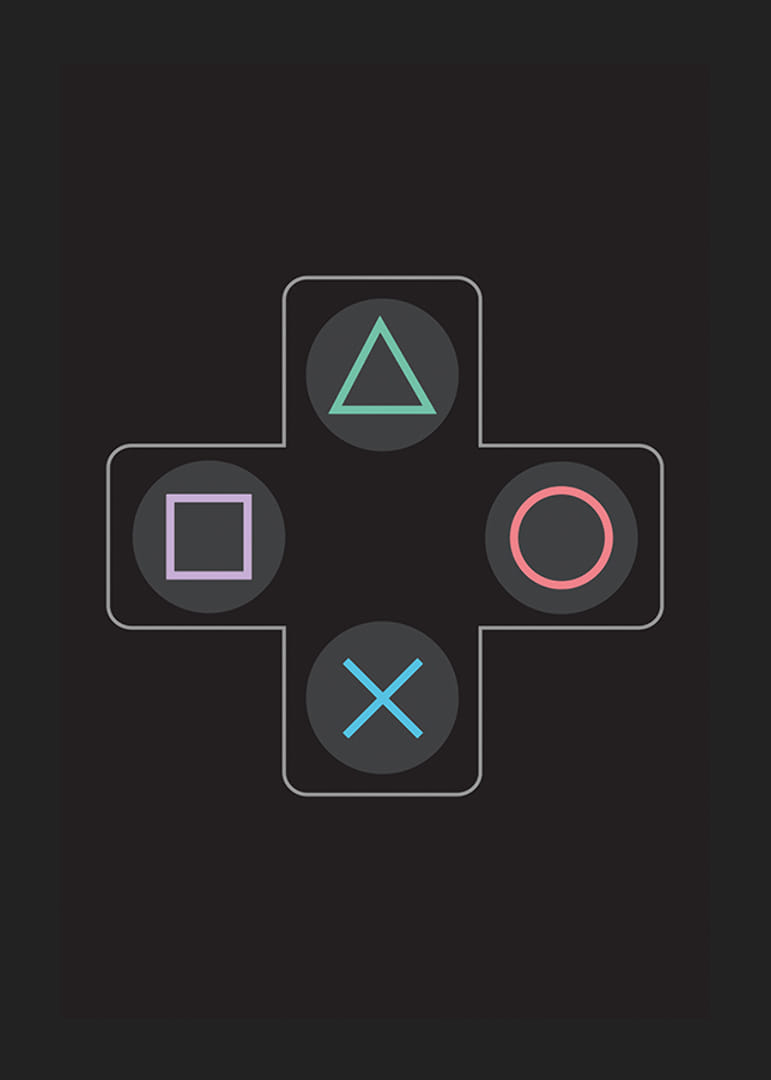 Ein Poster mit ikonischen Spieltasten in leuchtenden Farben vor schwarzem Hintergrund -12