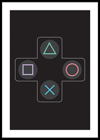 A poster with iconic game buttons in bright colors against a black background -2