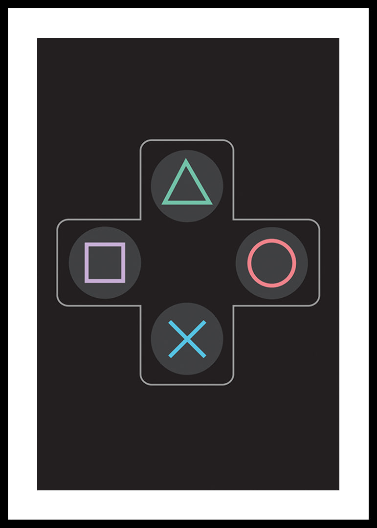 A poster with iconic game buttons in bright colors against a black background -12