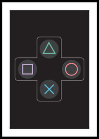 Ein Poster mit ikonischen Spieltasten in leuchtenden Farben vor schwarzem Hintergrund -2