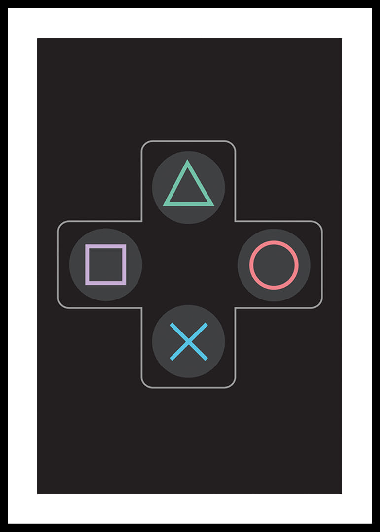 Ein Poster mit ikonischen Spieltasten in leuchtenden Farben vor schwarzem Hintergrund -12