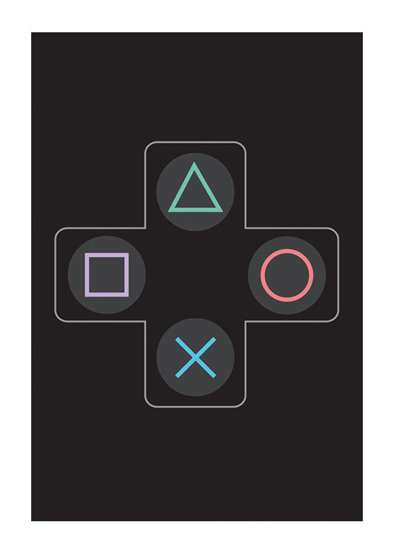 A poster with iconic game buttons in bright colors against a black background -12