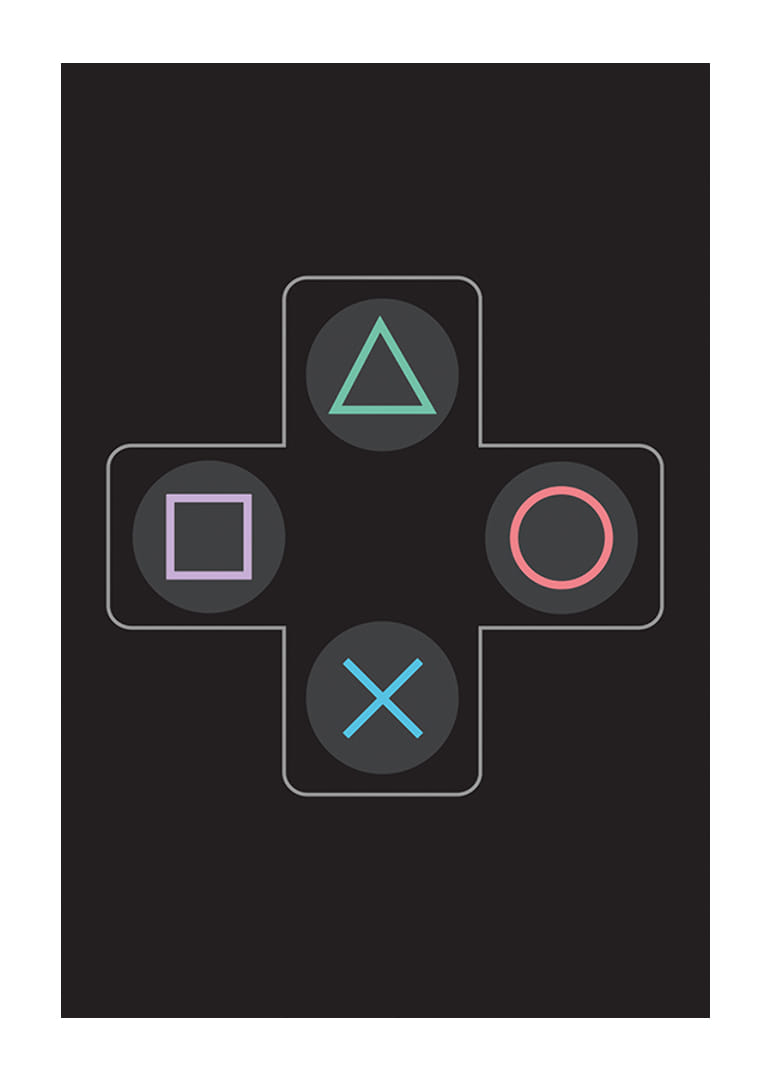 Ein Poster mit ikonischen Spieltasten in leuchtenden Farben vor schwarzem Hintergrund -12