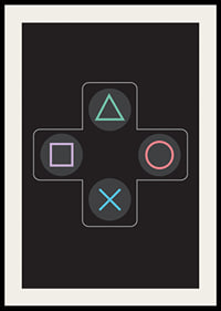 A poster with iconic game buttons in bright colors against a black background -4