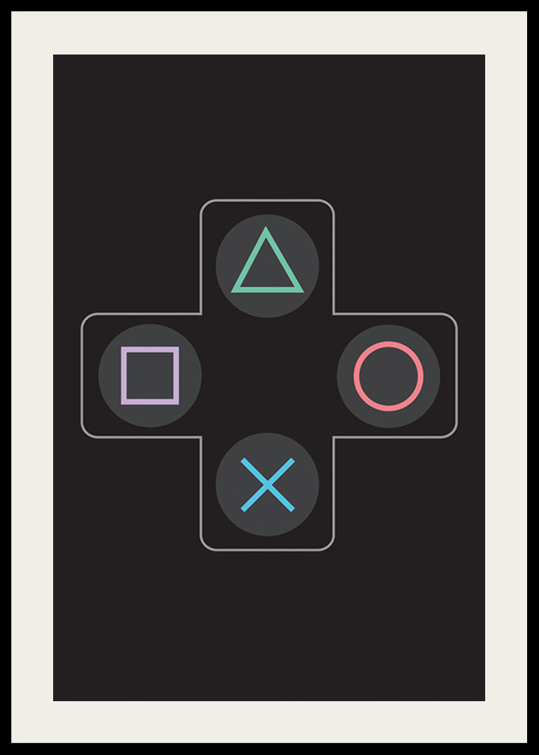 A poster with iconic game buttons in bright colors against a black background -12