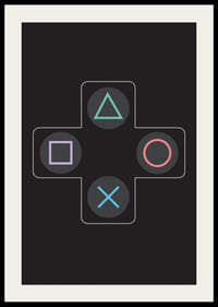 Ein Poster mit ikonischen Spieltasten in leuchtenden Farben vor schwarzem Hintergrund -4