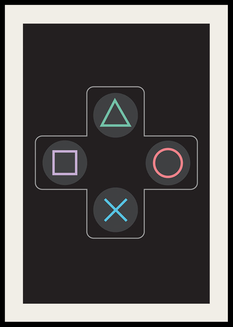 Ein Poster mit ikonischen Spieltasten in leuchtenden Farben vor schwarzem Hintergrund -12