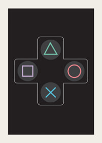 A poster with iconic game buttons in bright colors against a black background -5