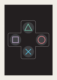 Ein Poster mit ikonischen Spieltasten in leuchtenden Farben vor schwarzem Hintergrund -5