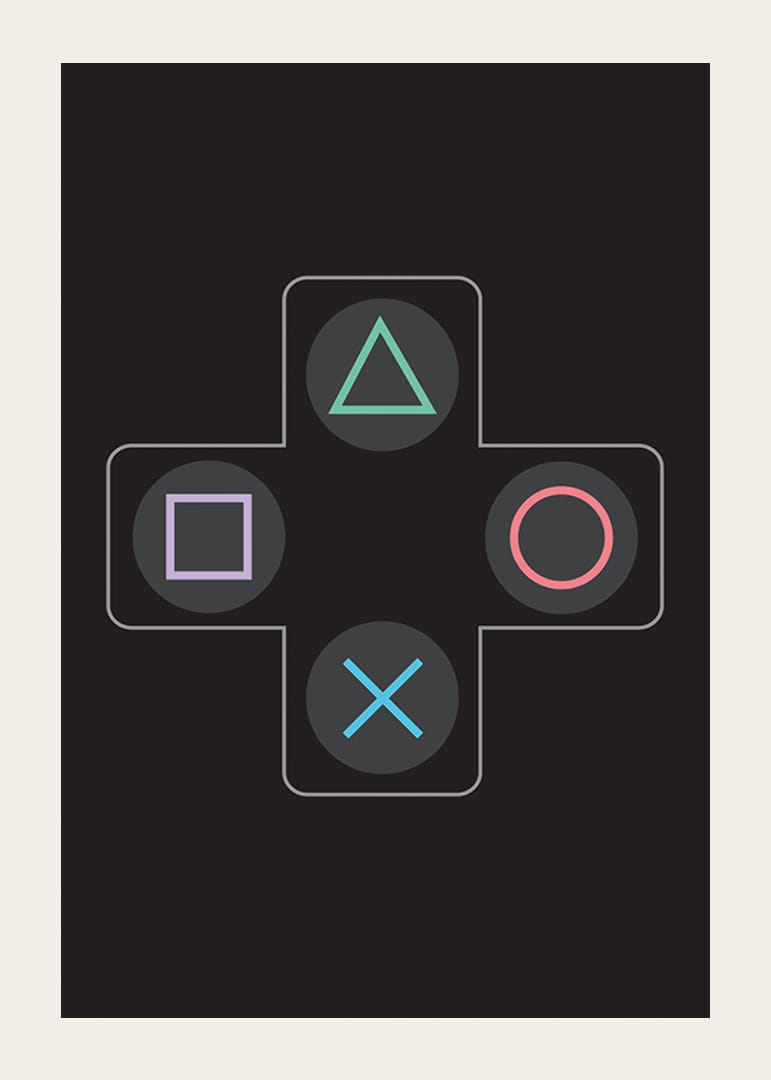 Ein Poster mit ikonischen Spieltasten in leuchtenden Farben vor schwarzem Hintergrund -12