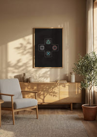 Ein Poster mit ikonischen Spieltasten in leuchtenden Farben vor schwarzem Hintergrund -8