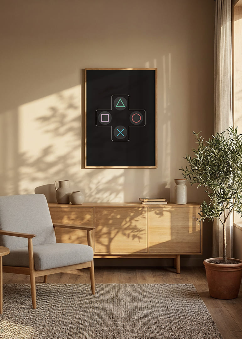 Ein Poster mit ikonischen Spieltasten in leuchtenden Farben vor schwarzem Hintergrund -12