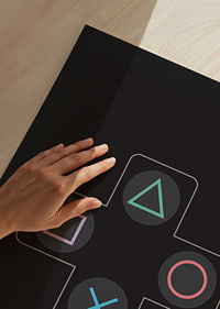 A poster with iconic game buttons in bright colors against a black background -9