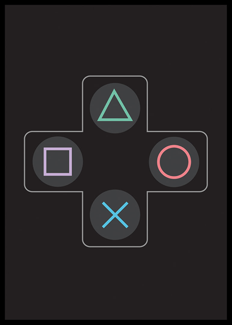 A poster with iconic game buttons in bright colors against a black background -12