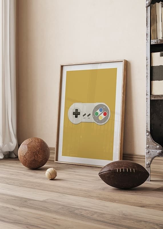 Un poster cu un controler de joc clasic pe un fundal galben-12