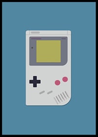 Ein Poster mit einer klassischen tragbaren Spielekonsole vor blauem Hintergrund-2