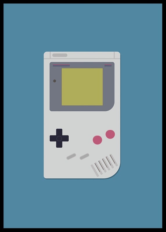 Ein Poster mit einer klassischen tragbaren Spielekonsole vor blauem Hintergrund-12