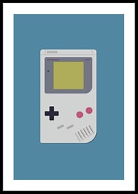Ein Poster mit einer klassischen tragbaren Spielekonsole vor blauem Hintergrund-0