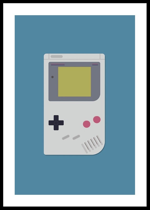 Ein Poster mit einer klassischen tragbaren Spielekonsole vor blauem Hintergrund-12