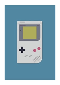 Ein Poster mit einer klassischen tragbaren Spielekonsole vor blauem Hintergrund-1