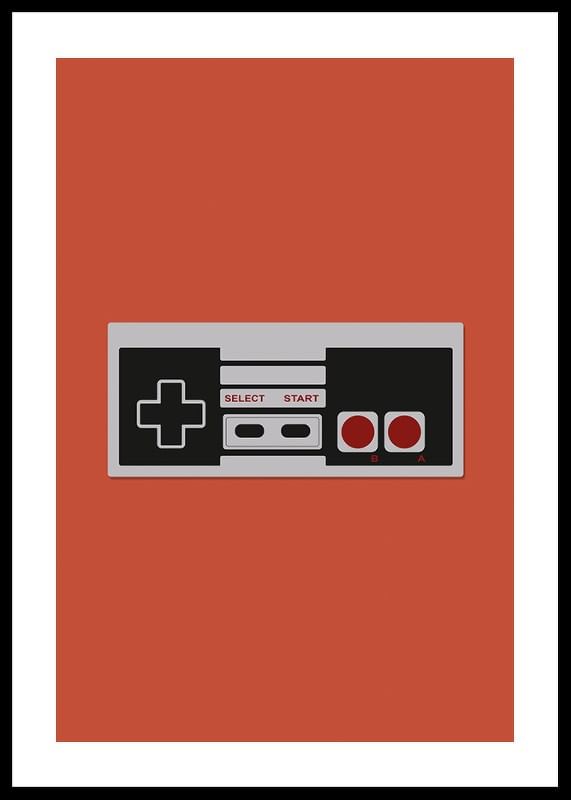 Un poster cu un controler de joc retro clasic pe un fundal roșu-12