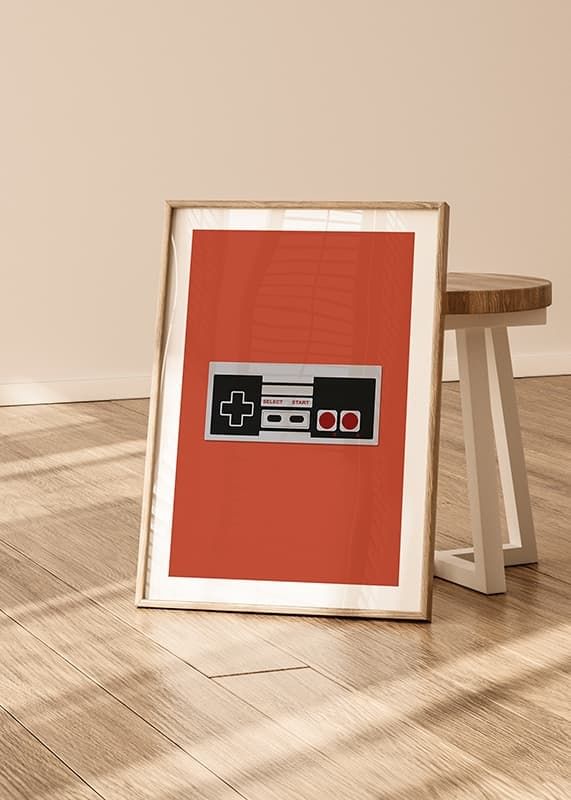 Un poster cu un controler de joc retro clasic pe un fundal roșu-12