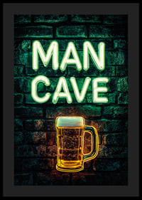 A poster with the neon text "Man Cave" and a glowing beer glass on a rustic brick wall-0