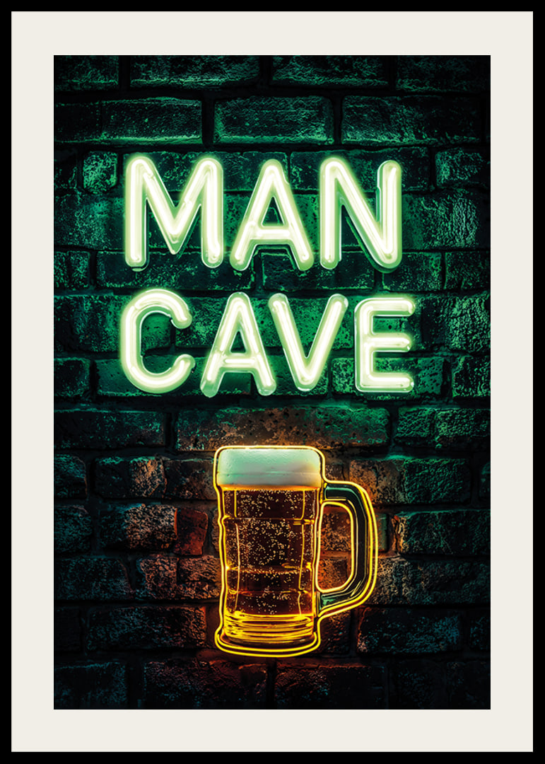 A poster with the neon text "Man Cave" and a glowing beer glass on a rustic brick wall-12