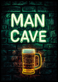 A poster with the neon text "Man Cave" and a glowing beer glass on a rustic brick wall-6