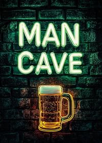 Un poster cu textul neon „Man Cave” și un pahar de bere strălucitor pe un perete rustic de cărămidă-3