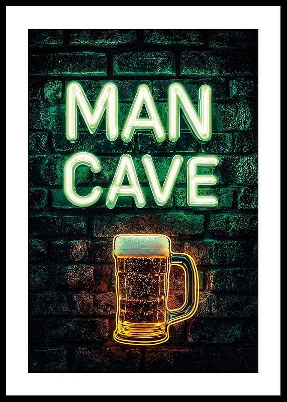 Un poster cu textul neon „Man Cave” și un pahar de bere strălucitor pe un perete rustic de cărămidă-12