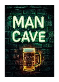 Un poster cu textul neon „Man Cave” și un pahar de bere strălucitor pe un perete rustic de cărămidă-1