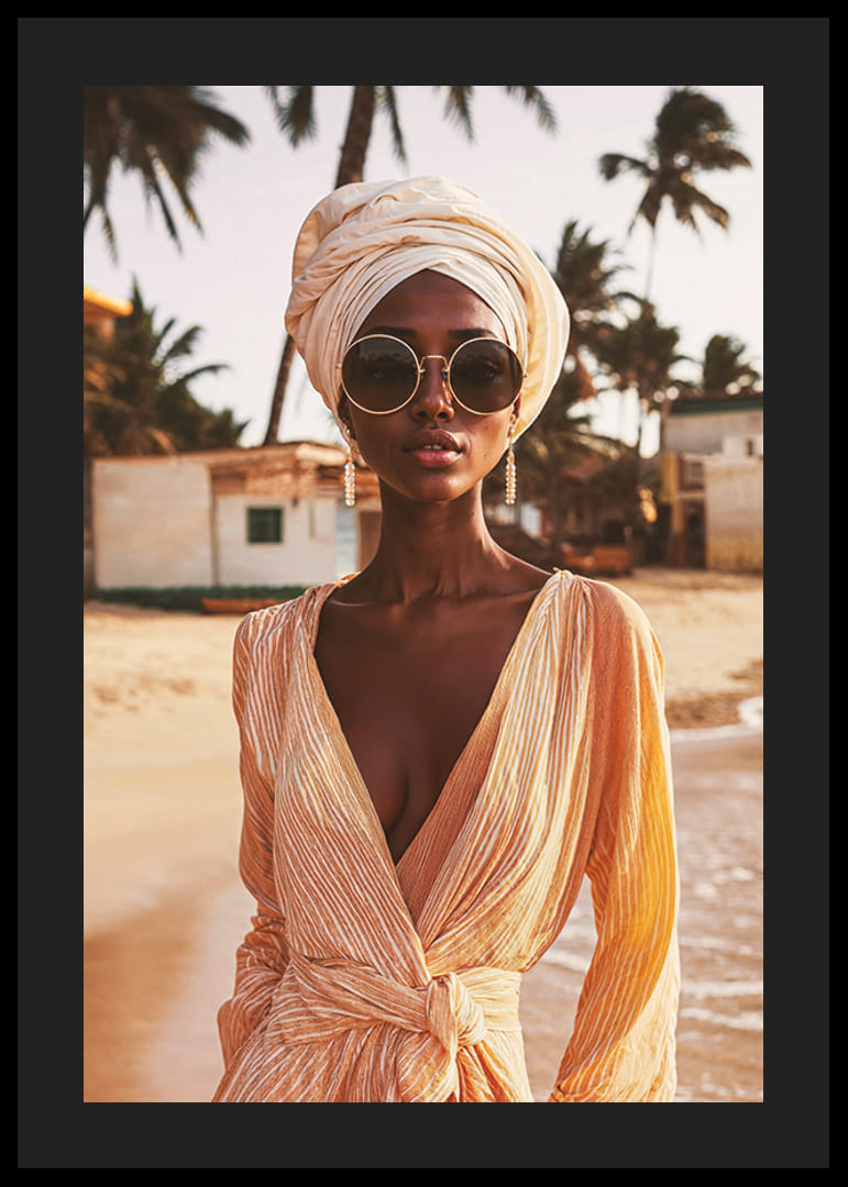Affisch med en bild på en stilfull kvinna på en strand-12