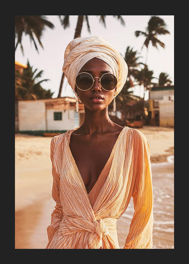 Affisch med en bild på en stilfull kvinna på en strand-12