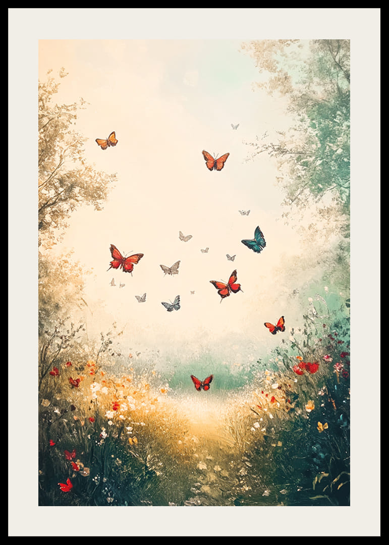 A poster of dancing butterflies over a sunlit path-12