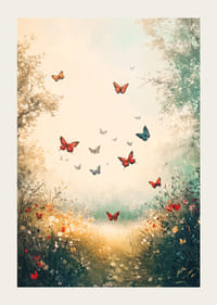 A poster of dancing butterflies over a sunlit path-3