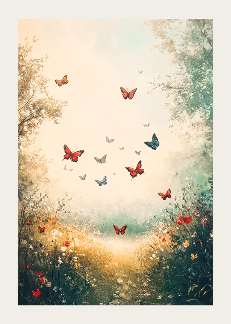 A poster of dancing butterflies over a sunlit path-12