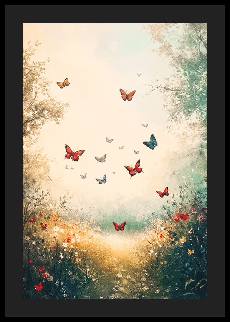 A poster of dancing butterflies over a sunlit path-12