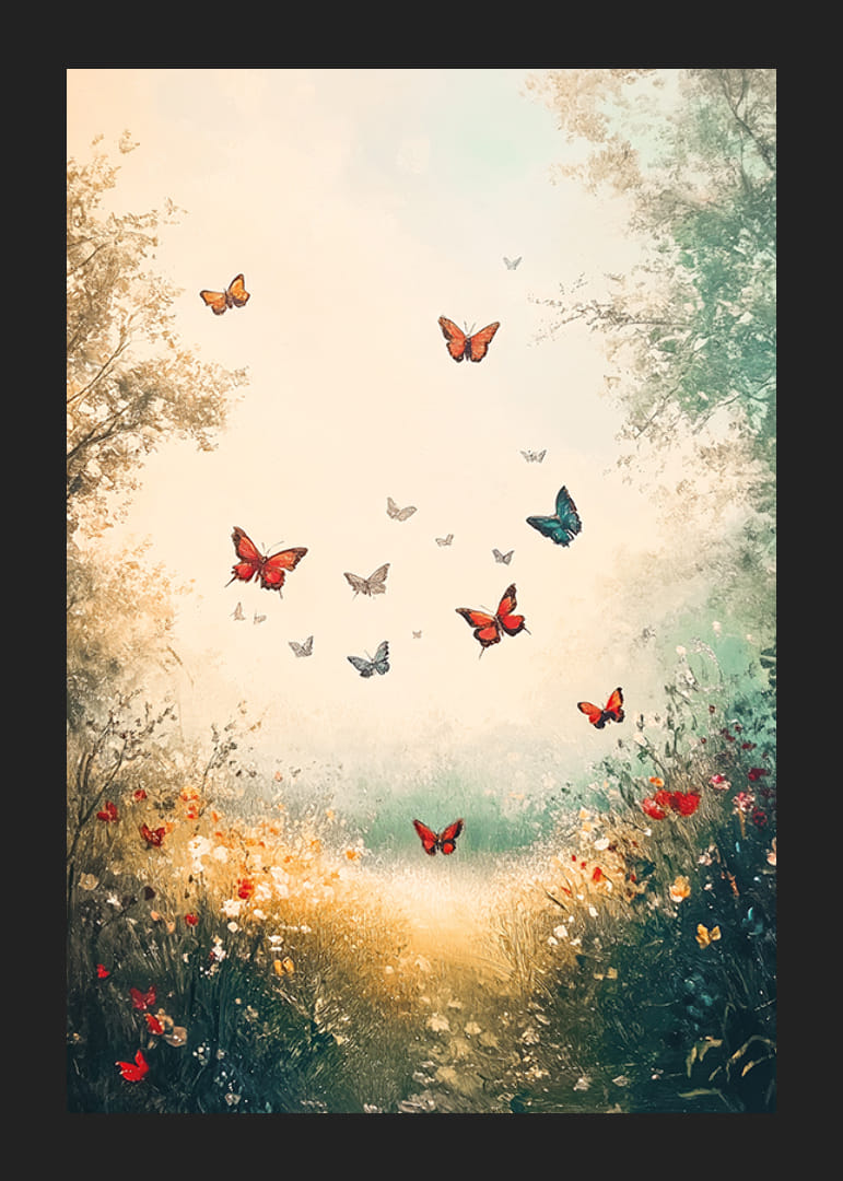 A poster of dancing butterflies over a sunlit path-12