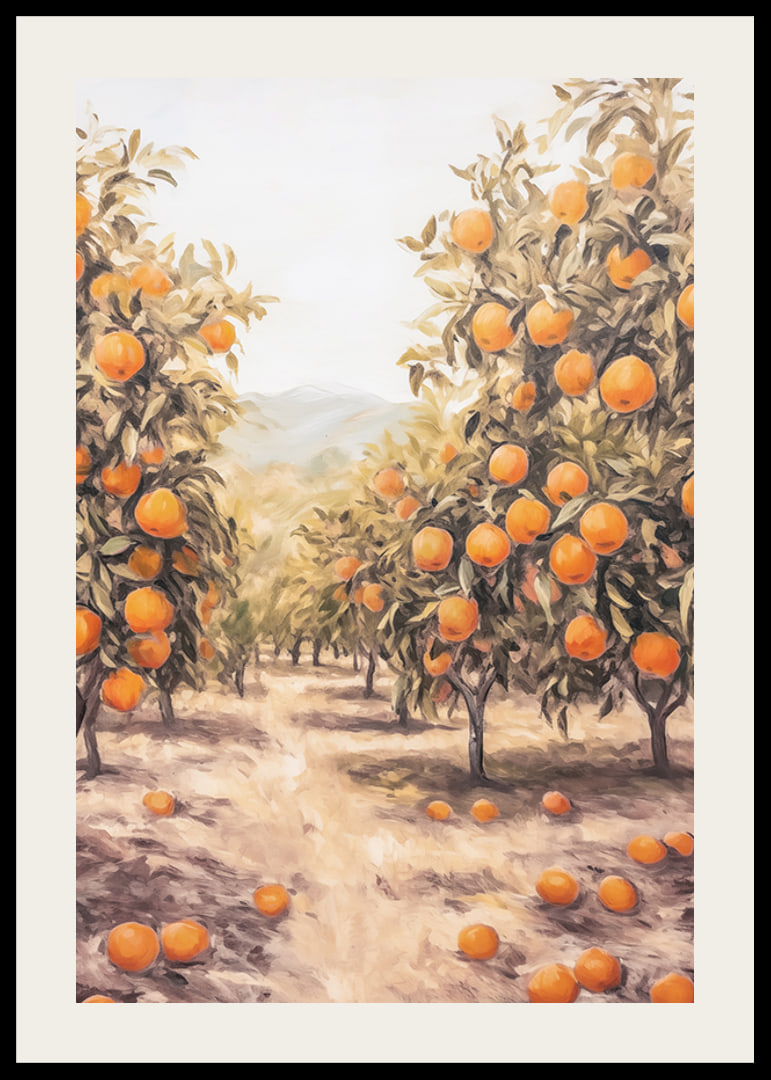 A sunny poster depicting a lush orange grove, filled with ripe fruit -12
