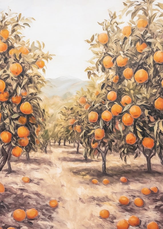 A sunny poster depicting a lush orange grove, filled with ripe fruit -12