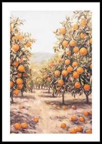 A sunny poster depicting a lush orange grove, filled with ripe fruit -0