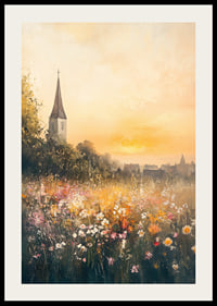 A poster depicting a sunset over a blooming meadow with a charming church-2