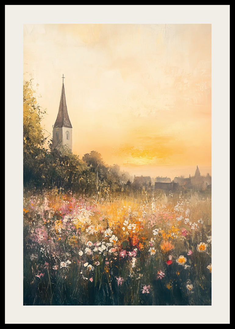 A poster depicting a sunset over a blooming meadow with a charming church-12
