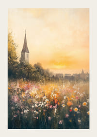 En poster som skildrar en solnedgång över en blommande äng med en charmig kyrka-3