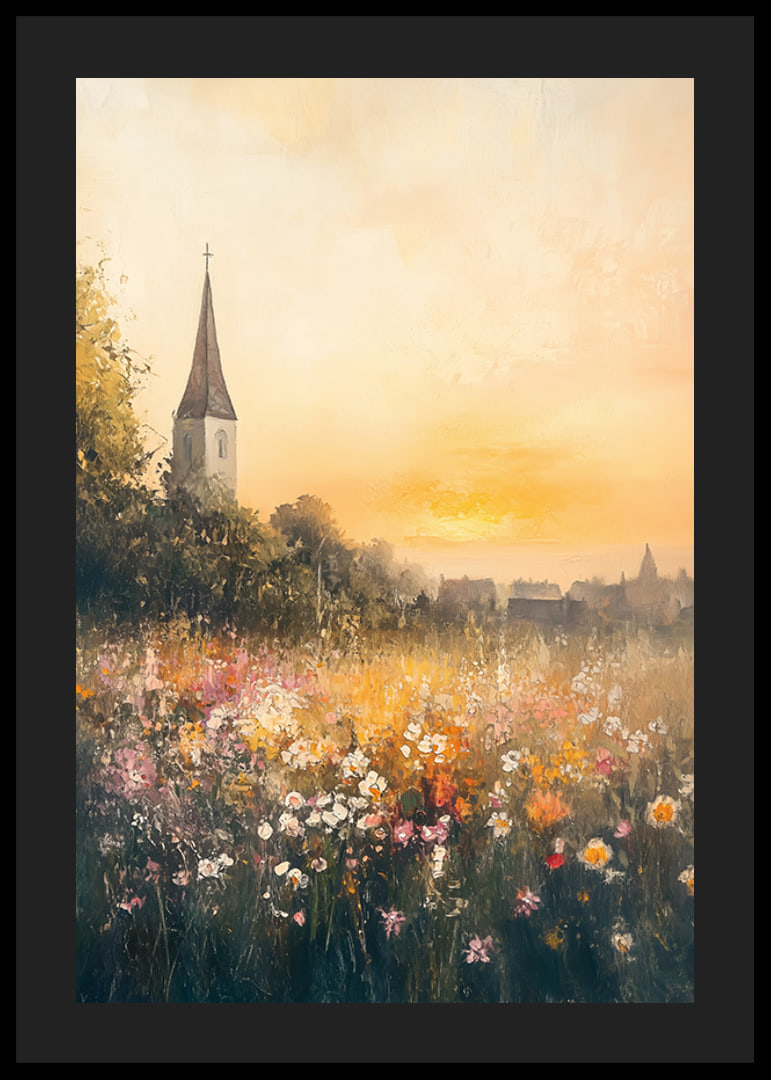 A poster depicting a sunset over a blooming meadow with a charming church-12