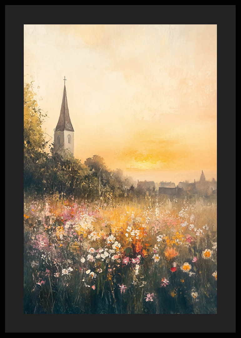 En poster som skildrar en solnedgång över en blommande äng med en charmig kyrka-12
