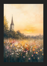 A poster depicting a sunset over a blooming meadow with a charming church-5