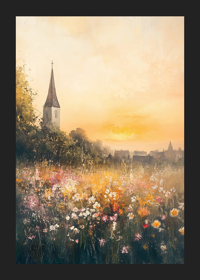En poster som skildrar en solnedgång över en blommande äng med en charmig kyrka-12